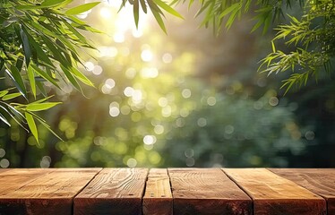 Wall Mural - Rustic wooden table amidst nature serene setting for summer embrace. Green leaves in spring light background blurring into sun kissed forest. Bright fresh mornings on blank tabletop garden beauty