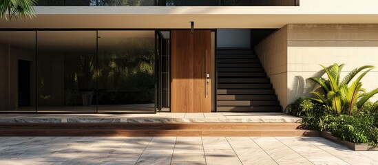 Sticker - Modern house with visible front door, tiled staircase and floor.