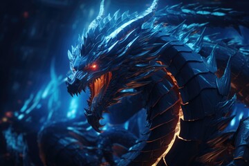 Poster - Abstract flying dragons on dark blue background for AI design.