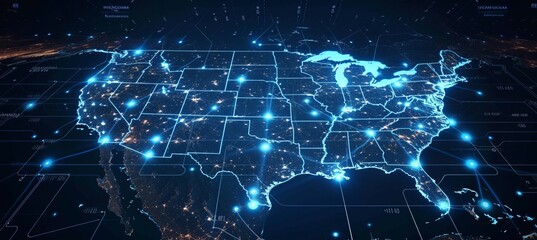 Aufkleber - USA map smart network. Wireless internet cyber connection. Generative AI technology.