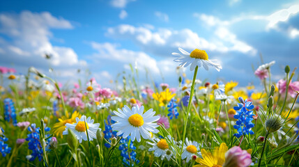 Wall Mural - Beautiful field meadow flowers chamomile, blue wild peas in morning against blue sky with clouds, nature landscape, close-up macro. Wide format, copy space. Delightful pastoral airy artisGenerative AI