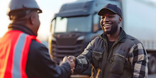 Happy Black Driver And Dispatcher Shaking Hands On Truck Parking Lot