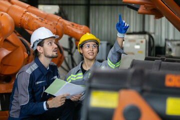 Wall Mural - Engineers working robot assembly industry plant in factory examining condition inspection quality robotic arm. teamwork technician robotic industrial.