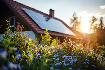 New suburban house with a photovoltaic system on the roof. Modern eco friendly passive house with solar panels on the gable roof, Generative AI