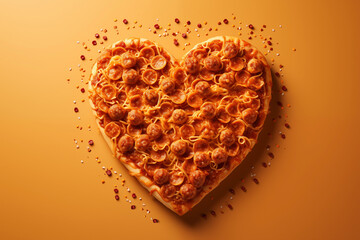 Pizza in the shape of a heart on a yellow background.