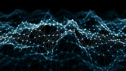 Fototapete - Network of bright connected dots and lines. Abstract dynamic wave of many points. Digital background. 3D rendering.
