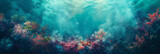 Fototapeta Do akwarium - Surreal underwater scene featuring a gradient of turquoise, coral, and deep navy with a grainy texture for aquatic-themed designs