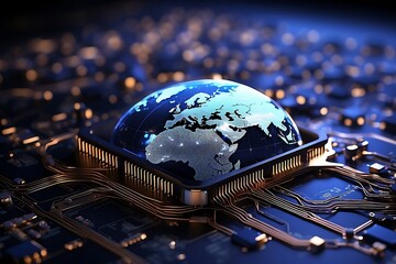Aufkleber - closeup on an advanced microchip or cpu of a powerful computer with world globe online connection.
