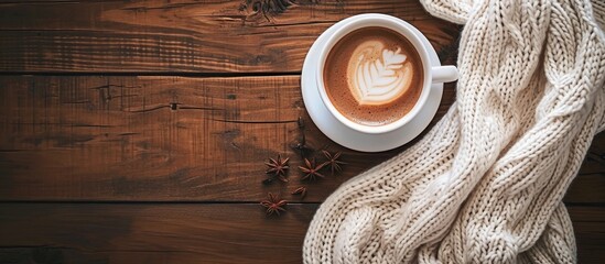 Wall Mural - White knitted sweater with coffee on wooden table, viewed from above.