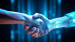 closed shot of two people shaking hands in a greeting or an agreement or a pact, in a digital environment.