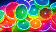 Bunch Of Colored Glowing Neon Citrus Slices Are Shown On A Background, In The Style Of Neon
