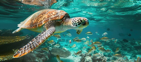 Wall Mural - Underwater photography of adorable sea turtle and swimming fish, capturing aquatic wildlife.