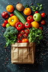 Wall Mural - A kraft bag with vegetables and fruits on a black background. Food delivery