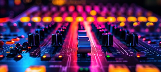 colorful music audio mixing board in closeup of a recording, audio track background in a dark recording,  industrial machinery aesthetics, multimedia, selective focus, brightly colored