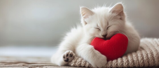 Wall Mural - A cute white kitten cuddling a little plush red heart, with her paw around it.