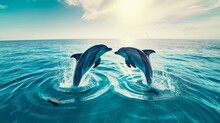 Two Dolphins Joyfully Swim On The Surface Of The Tropical Blue Waters, Forming The Shape Of A Heart.
