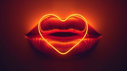 Wall Mural - Red lips with a glowing neon heart in between them.
