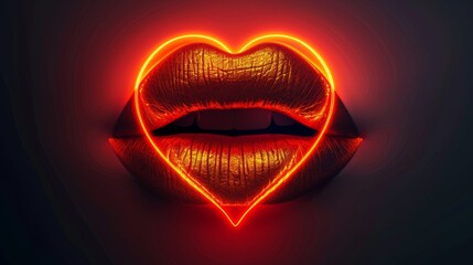 Wall Mural - Red lips with a glowing neon heart in between them.