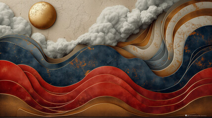  Golden Sun, Clouds, and Layered Waves: A Serene and Dramatic Digital Artwork with Vintage Texture