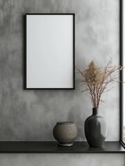 Poster - Blank picture frame mockup on wall in modern interior. Artwork template mock up in interior design with trendy vase.