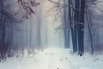 Wall Mural - Dreamy winter forest in the fog. Atmospheric mood.