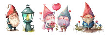 Cartoon Gnomes In Funny Caps On Their Heads. Watercolor Clipart Bundle On A White Background.