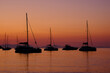 Several yachts standing on the background of a beautiful sunset.