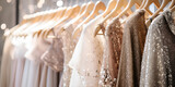 Fototapeta Uliczki - Elegant sequin dresses on hangers in a boutique, Beautiful elegant luxury bridal dress on hangers., 

