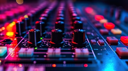 colorful music audio mixing board in closeup of a recording, audio track background in a dark recording,  industrial machinery aesthetics, multimedia, selective focus, brightly colored