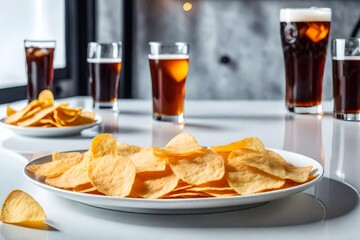 Wall Mural - chips and beer, chips in white plate with drink, fries and cola