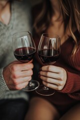 Two glasses of wine in the hands of a loving couple