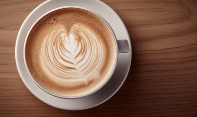 Wall Mural - Cup of freshly made cappuccino coffee. Top view on wooden table.