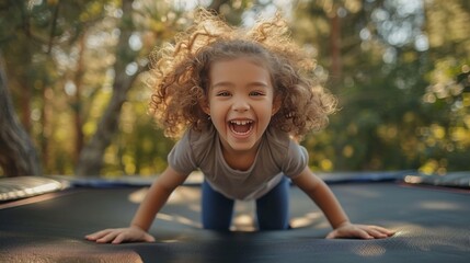 Joyful curly girl jumping on a trampoline in the park