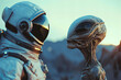 astronaut in spacesuit meets an alien on the unknown planet