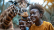 Happy family feeding a giraffe at the zoo