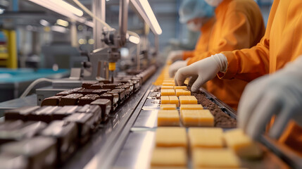 Team members on the assembly line collect and pack energy bars with precision