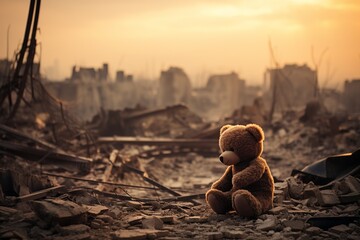 n the aftermath of a devastating earthquake, this striking scene depicts a city in ruins, with collapsed buildings, shattered infrastructure, and dust filling the air