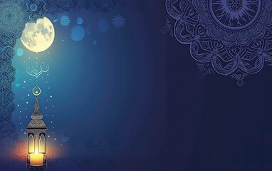 islamic eid festival greeting background ramadan lamp and moon with mandala background