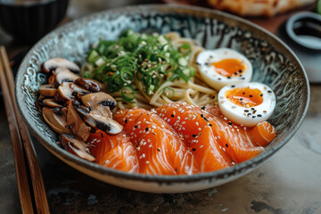 Poster - Delicious Japanese Cuisine: Gourmet Bowl of Tasty, Fresh and Healthy Traditional Meal on Plate with Asian Vegetable, Egg, and Green background