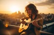 A woman playing guitar on a rooftop terrace with beatuful sunset light