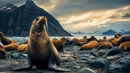 Banner with a sea lion on the background of the beach and the northern island, natural habitat, World Wildlife Day concept