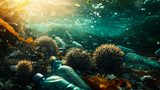 Fototapeta Do akwarium - Sea urchins among plastic waste and bottles, ocean pollution and problems with the life of sea mollusks and the concept of World Wildlife Day