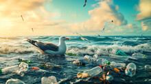 Banner With A Seagull Swimming In The Sea Among Garbage And Plastic Bottles, Close-up Of A Bird, Banner Of World Wildlife And Ecology Day