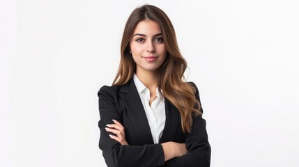 Wall Mural - Caucasian successful confident young businesswoman ceo boss bank employee worker manager with arms crossed in formal wear isolated in white background