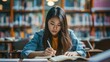© buraratn - Female student taking notes from a book at library. Young asian woman sitting at table doing assignments in college library.