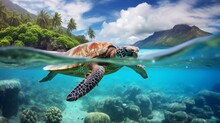 A Hawaiian Green Sea Turtle Swims On The Surface Of The Pacific Ocean In Hawaii. Marine Life, Wildlife Concepts.