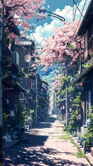 Wall Mural - A painting of a street in a japanese village