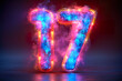 Number 17 - colorful glowing outline alphabet symbol on blue lens flare dark background