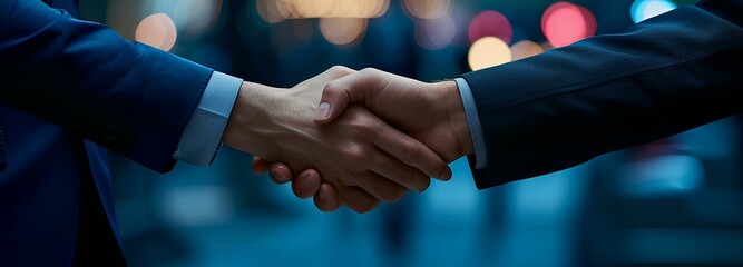 Poster - a pair of business men in their business suits shaking hands, bokeh, modern urban, light indigo, dark azure. business meeting and partnership. generative AI