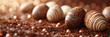 Close up banner of several decorated chocolate eggs in crunched chocolate. Happy Easter concept